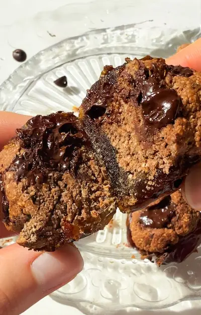 Air fried brownie batter stuffed dates with pools of melted chocolate